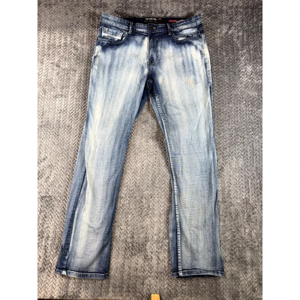 Ecko Unltd Athletic Jeans Men 34 Blue Cotton Stretch Straight Leg Logo Acid Wash